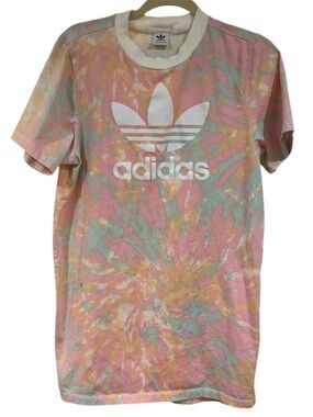 adidas Pastel Tie-Dye Trefoil Logo T-shirt dress in Pink, Mint & Yellow